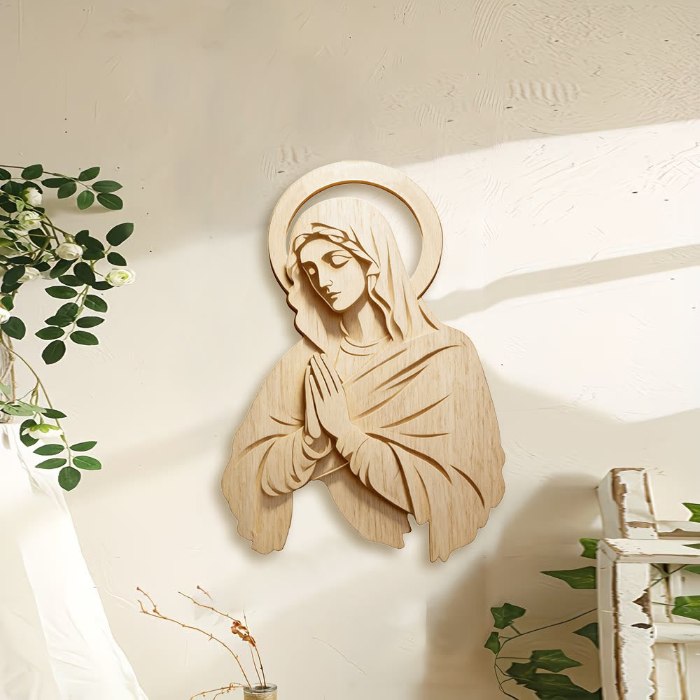 Christianartworkshop Decorazione murale classica in legno naturale con stampa di Maria: un simbolo senza tempo di devozione incrollabile - image 1