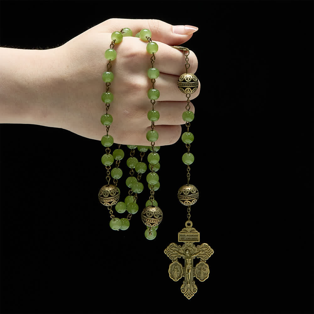 Christianartworkshop Rosario in filigrana di bronzo e vetro verde oliva con l'immagine della Madonna. - image 1