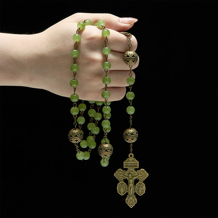 Christianartworkshop Rosario in filigrana di bronzo e vetro verde oliva con l'immagine della Madonna. - image 1