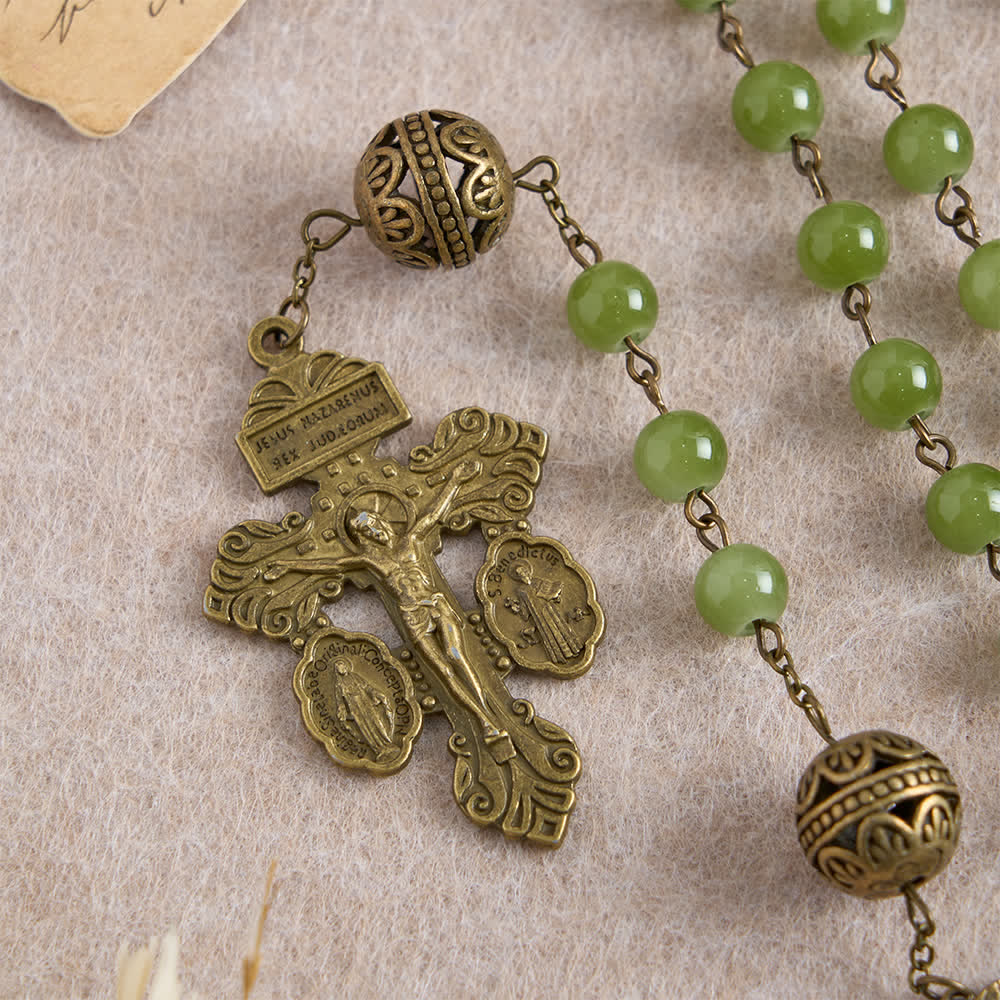 Christianartworkshop Rosario in filigrana di bronzo e vetro verde oliva con l'immagine della Madonna. - image 7