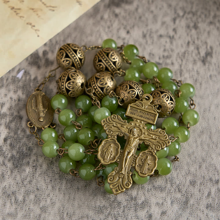 Christianartworkshop Rosario in filigrana di bronzo e vetro verde oliva con l'immagine della Madonna. - image 2
