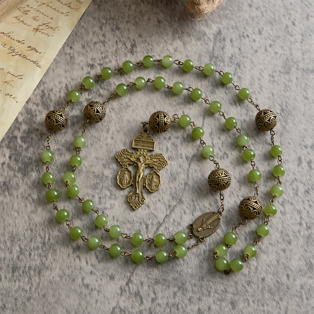 Christianartworkshop Rosario in filigrana di bronzo e vetro verde oliva con l'immagine della Madonna. - image 5