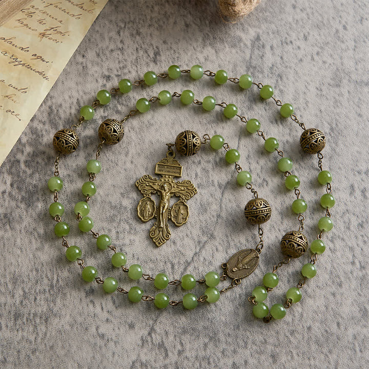 Christianartworkshop Rosario in filigrana di bronzo e vetro verde oliva con l'immagine della Madonna. - image 5