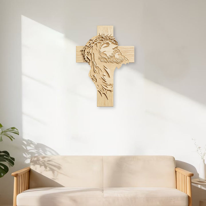 Christianartworkshop Decorazione murale con croce in legno dallo stile rustico e caldo, con stampa di Gesù nella corona di spine - image 3
