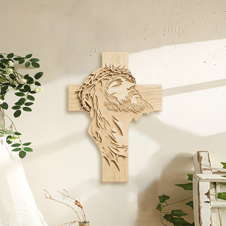 Christianartworkshop Decorazione murale con croce in legno dallo stile rustico e caldo, con stampa di Gesù nella corona di spine - image 1