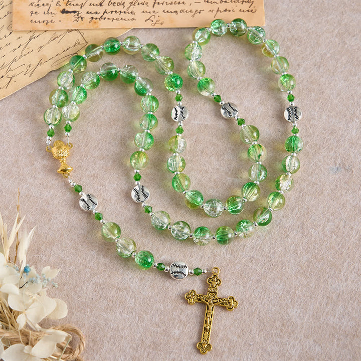 Christianartworkshop Rosario in vetro craquelé giallo-verde: perline a forma di pallina da tennis con medaglia dell'Eucaristia per la fede in movimento. - Santo Graal e Crocifisso - image 0