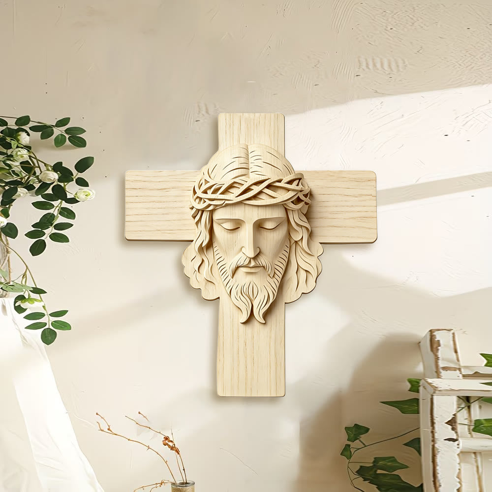 Christianartworkshop - Croce da parete in legno senza tempo con stampa 2D di Gesù con gli occhi chiusi - image 1