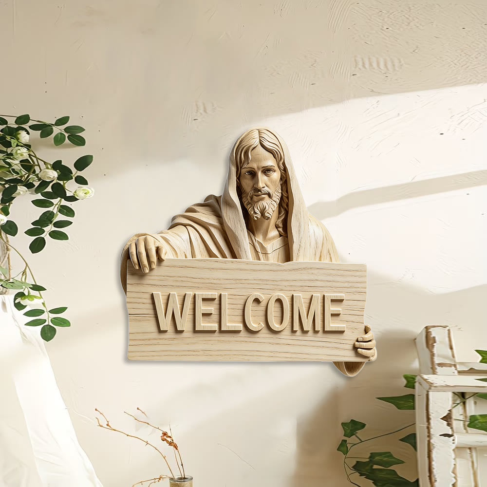 Decorazione da parete in legno naturale Christianartworkshop con targa di benvenuto con l'immagine di Gesù: un promemoria di braccia aperte. - image 1