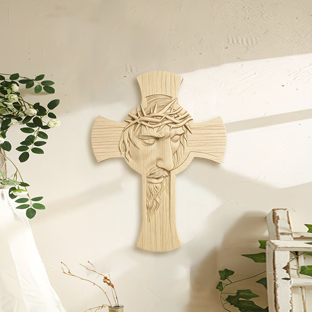 Christianartworkshop - Croce in legno minimalista da parete con stampa 2D della corona di spine di Gesù: un emblema di devozione e grazia. - image 1