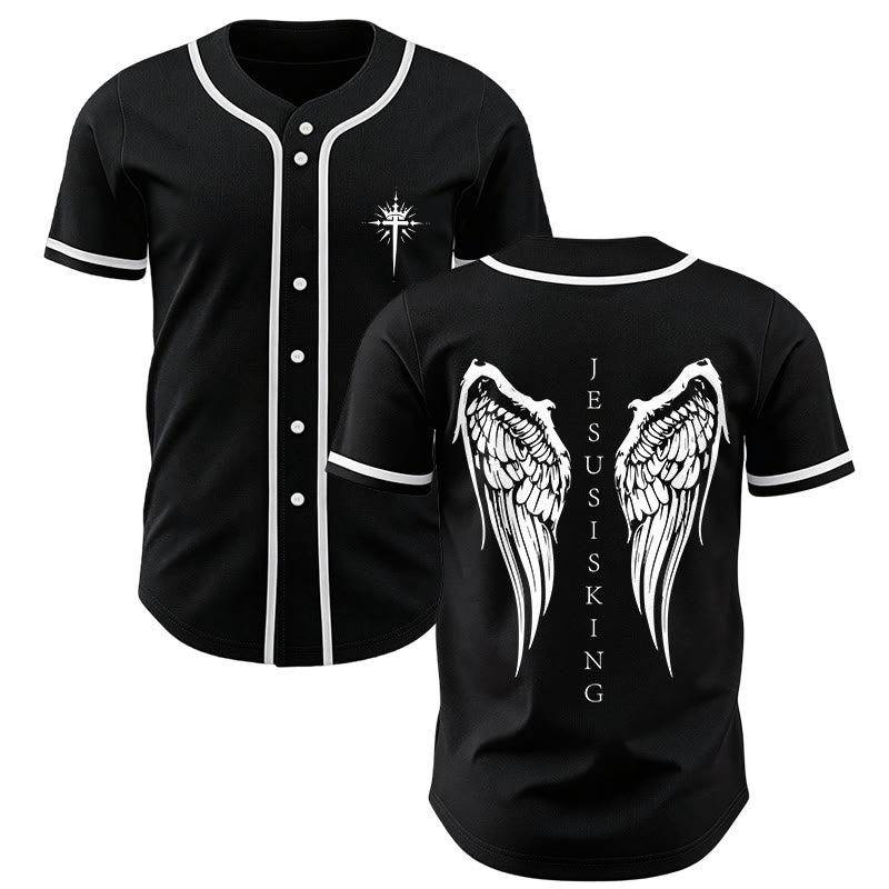 Christianartworkshop Gesù è Re Ali d'angelo Croce Dichiarazione di fede Maglia da baseball personalizzata - Nero - 5XL - image 0