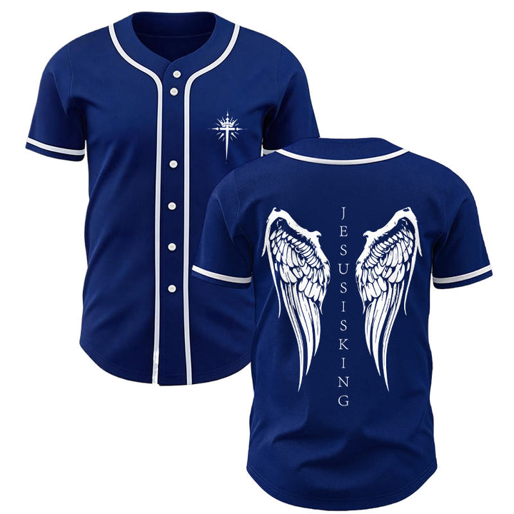 Christianartworkshop Gesù è Re Ali d'angelo Croce Dichiarazione di fede Maglia da baseball personalizzata - Blu navy - 5XL - image 7