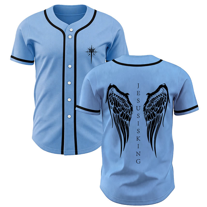 Christianartworkshop Gesù è Re Ali d'angelo Croce Dichiarazione di fede Maglia da baseball personalizzata - Blu - 5XL - image 42