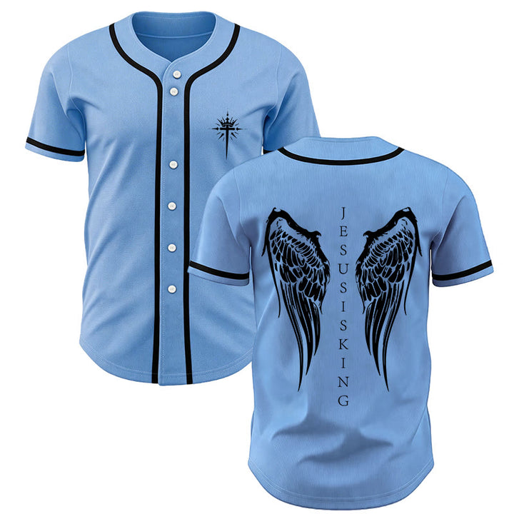 Christianartworkshop Gesù è Re Ali d'angelo Croce Dichiarazione di fede Maglia da baseball personalizzata - Blu - 5XL - image 42