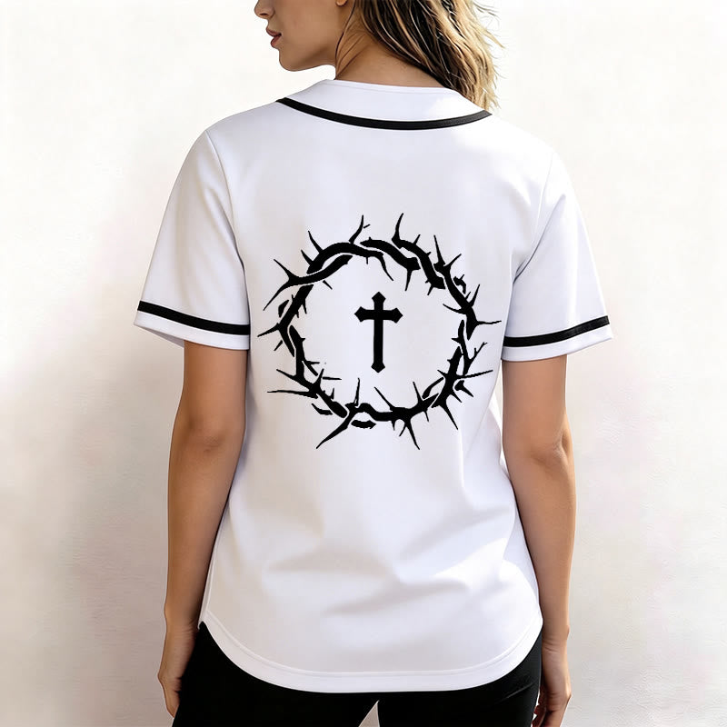 Christianartworkshop Fede al di sopra della paura Deuteronomio 3:22 Maglia da baseball con corona di spine e croce - image 5