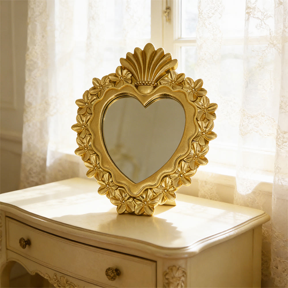Christianartworkshop Specchio dorato a forma di Sacro Cuore con decorazioni floreali: un ornamento da tavolo che incarna devozione ed eleganza. - D'oro - image 0
