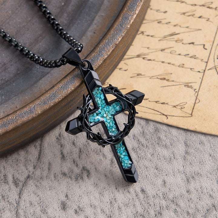 Collana con ciondolo a croce intarsiata e avvolta da spine, Christianartworkshop : simbolo dell'amore sacrificale di Cristo. - image 1