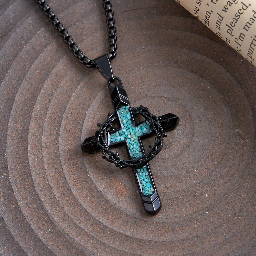 Collana con ciondolo a croce intarsiata e avvolta da spine, Christianartworkshop : simbolo dell'amore sacrificale di Cristo. - image 3