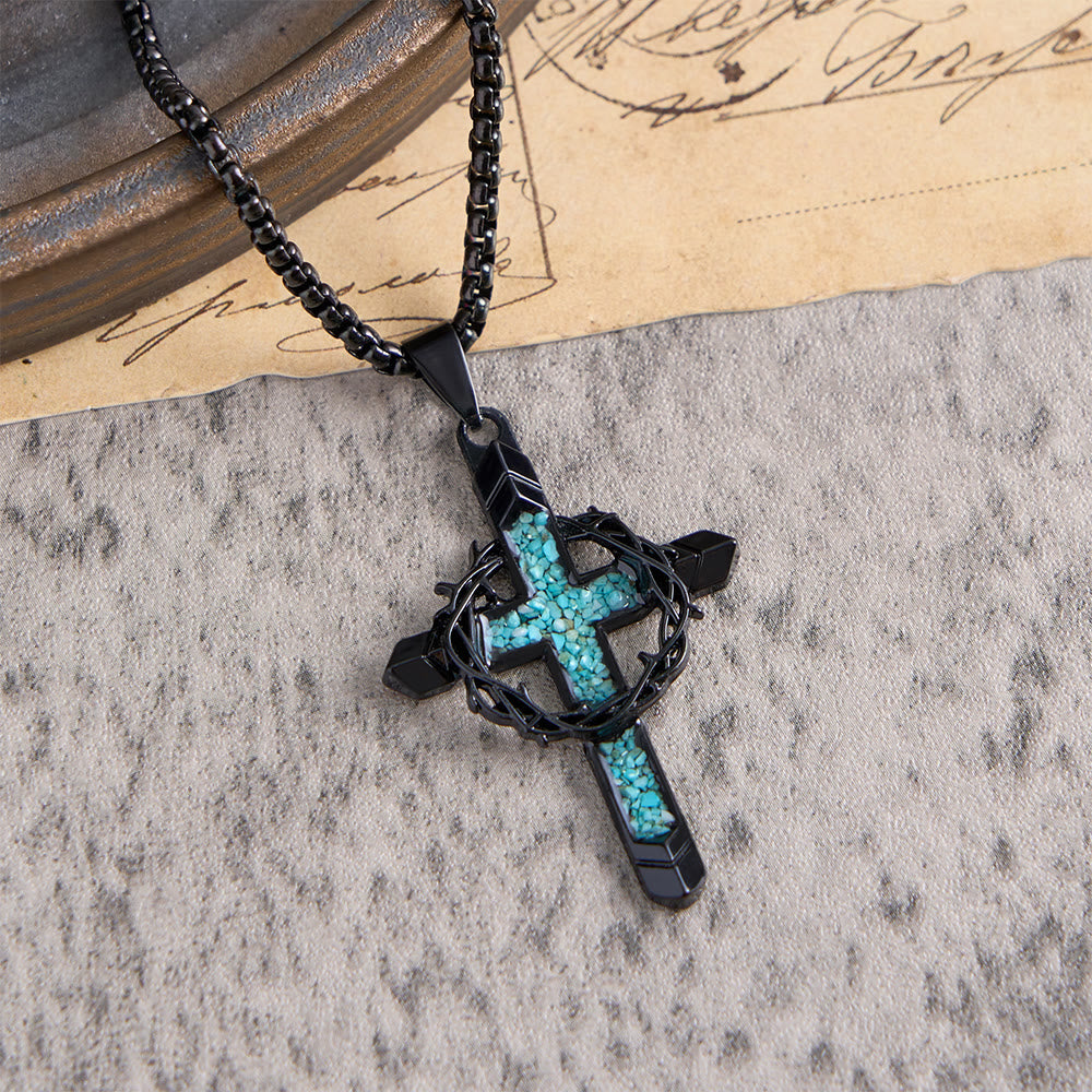Collana con ciondolo a croce intarsiata e avvolta da spine, Christianartworkshop : simbolo dell'amore sacrificale di Cristo. - image 5