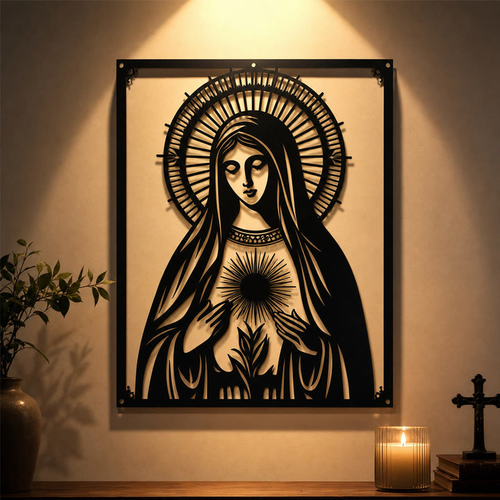 Christianartworkshop Decorazione murale in metallo della Madonna del Sacro Cuore: devozione mariana e dichiarazione d'amore divino. - image 1