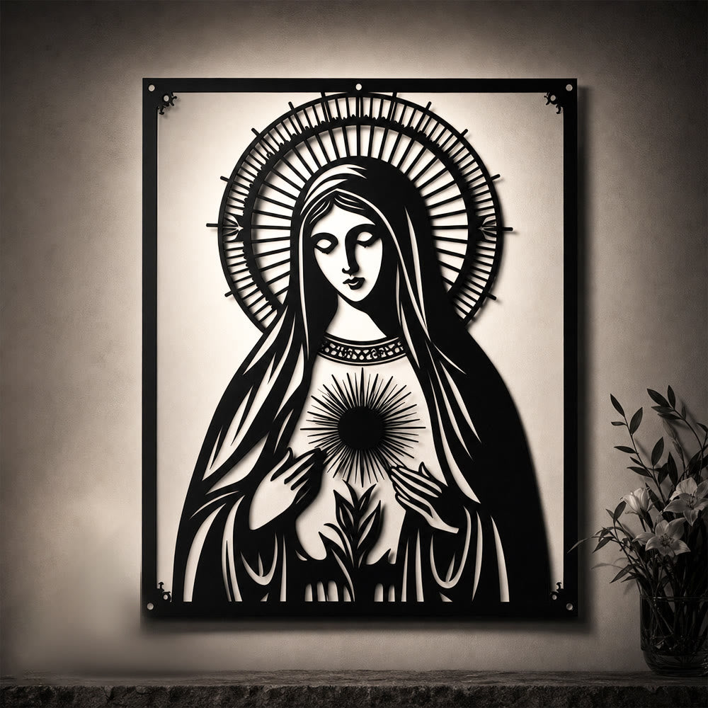 Christianartworkshop Decorazione murale in metallo della Madonna del Sacro Cuore: devozione mariana e dichiarazione d'amore divino. - image 2