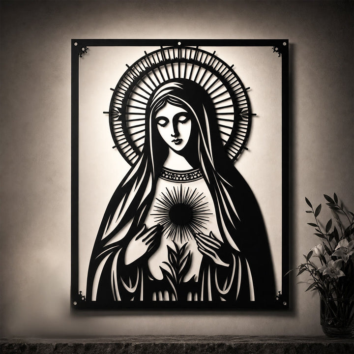 Christianartworkshop Decorazione murale in metallo della Madonna del Sacro Cuore: devozione mariana e dichiarazione d'amore divino. - image 2