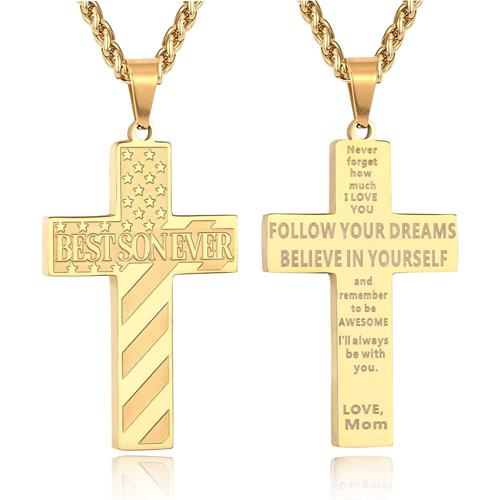 Christianartworkshop Collana con croce patriottica "Sarai sempre il mio eroe": un regalo sentimentale per papà da parte di figlio, figlia e fratello, simbolo del legame familiare e della fede. - IL FIGLIO MIGLIORE DEL MONDO - mamma - Golden - image 11