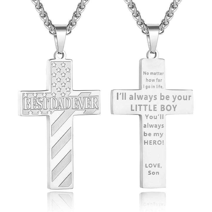 Christianartworkshop Collana con croce patriottica "Sarai sempre il mio eroe": un regalo sentimentale per papà da parte di figlio, figlia e fratello, simbolo del legame familiare e della fede. - IL MIGLIOR PAPÀ DI SEMPRE - figlio - Silver - image 2