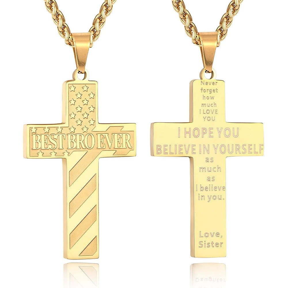 Christianartworkshop Collana con croce patriottica "Sarai sempre il mio eroe": un regalo sentimentale per papà da parte di figlio, figlia e fratello, simbolo del legame familiare e della fede. - IL MIGLIOR FRATELLO DI SEMPRE - sorella - Golden - image 16