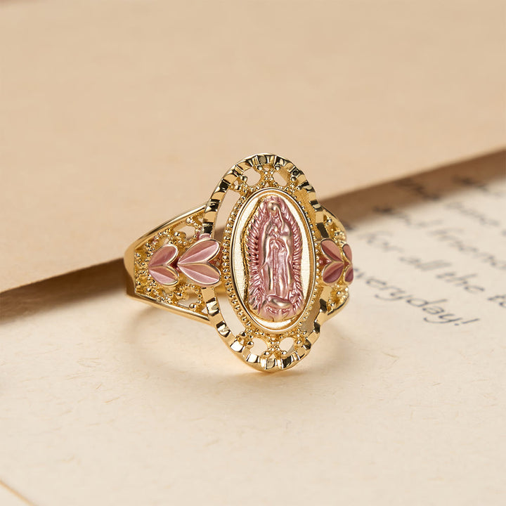 Christianartworkshop Anello devozionale smaltato della Madonna di Guadalupe con decorazioni floreali: simbolo di grazia mariana e protezione divina. - US 10 - image 0