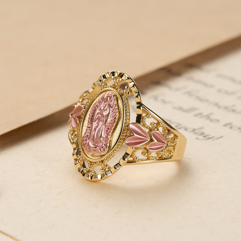 Christianartworkshop Anello devozionale smaltato della Madonna di Guadalupe con decorazioni floreali: simbolo di grazia mariana e protezione divina. - image 1