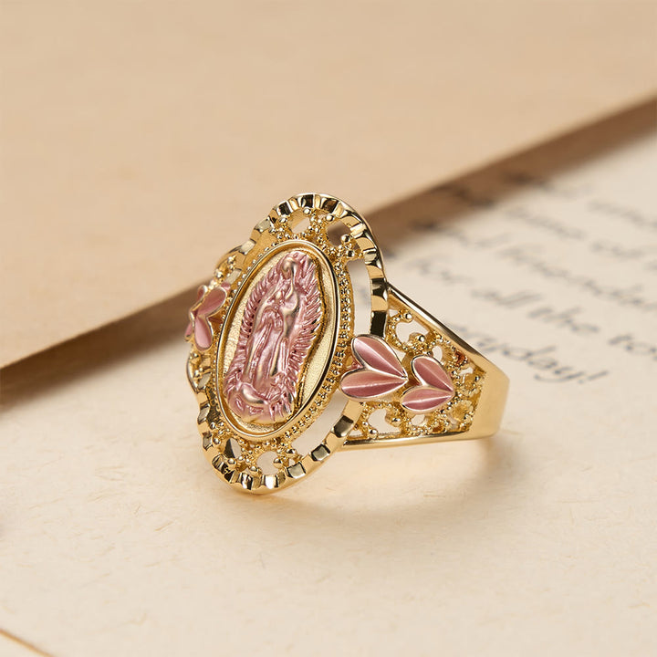 Christianartworkshop Anello devozionale smaltato della Madonna di Guadalupe con decorazioni floreali: simbolo di grazia mariana e protezione divina. - image 1
