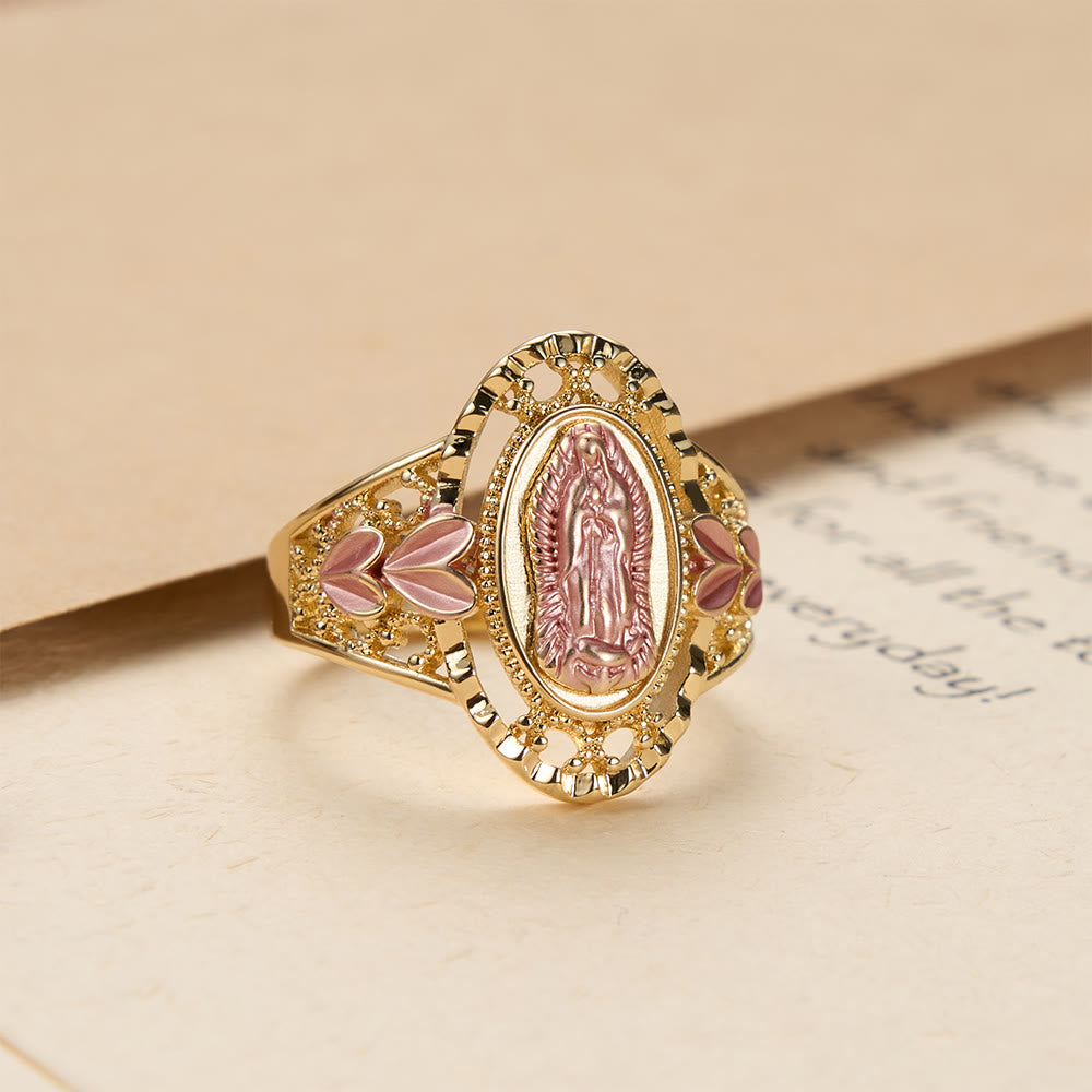Christianartworkshop Anello devozionale smaltato della Madonna di Guadalupe con decorazioni floreali: simbolo di grazia mariana e protezione divina - US 10 - D'oro - image 0