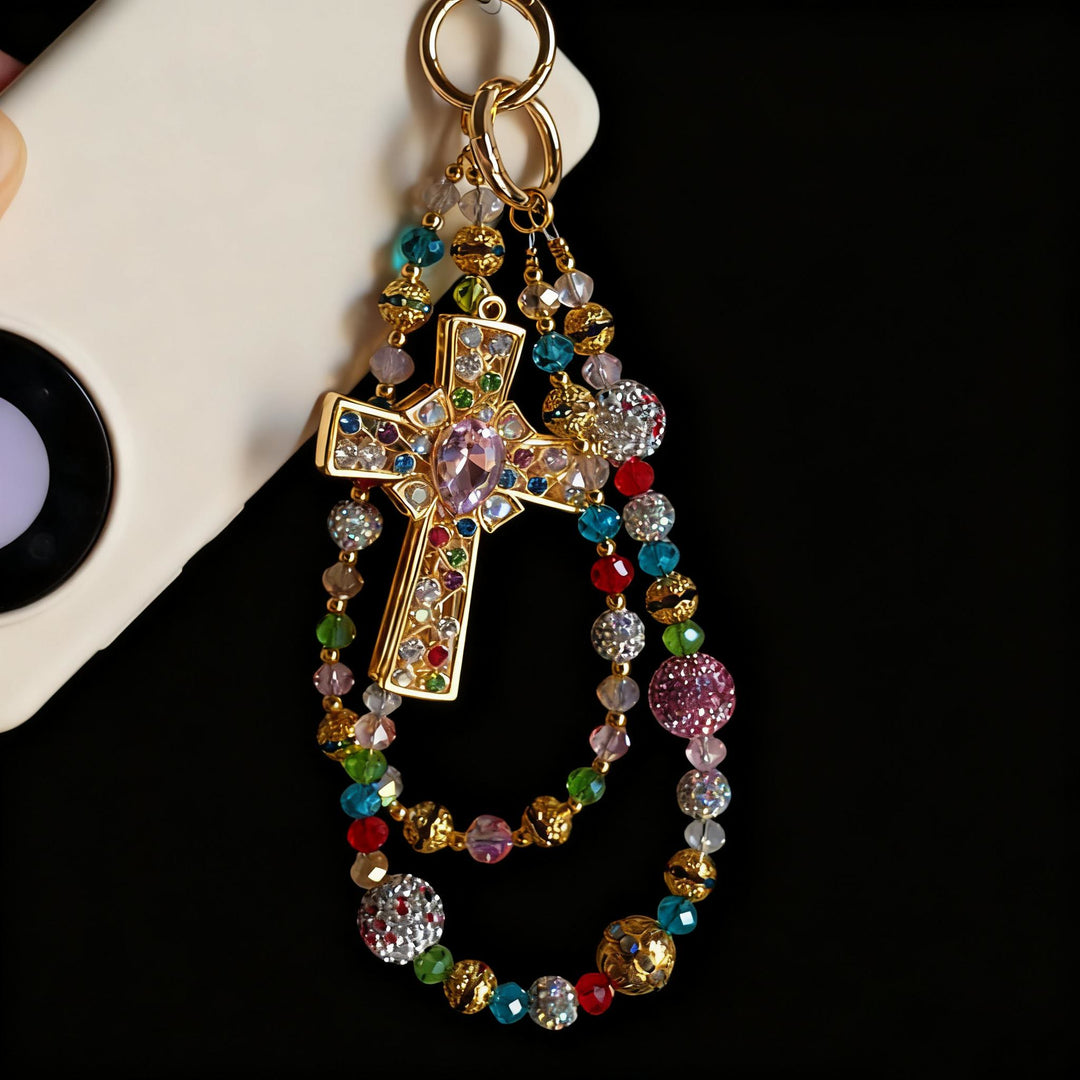 Christianartworkshop Ciondolo per cellulare a forma di croce di cristallo colorata con nappa di perline: un simbolo di fede vibrante e luce divina. - Doppia catena - image 0