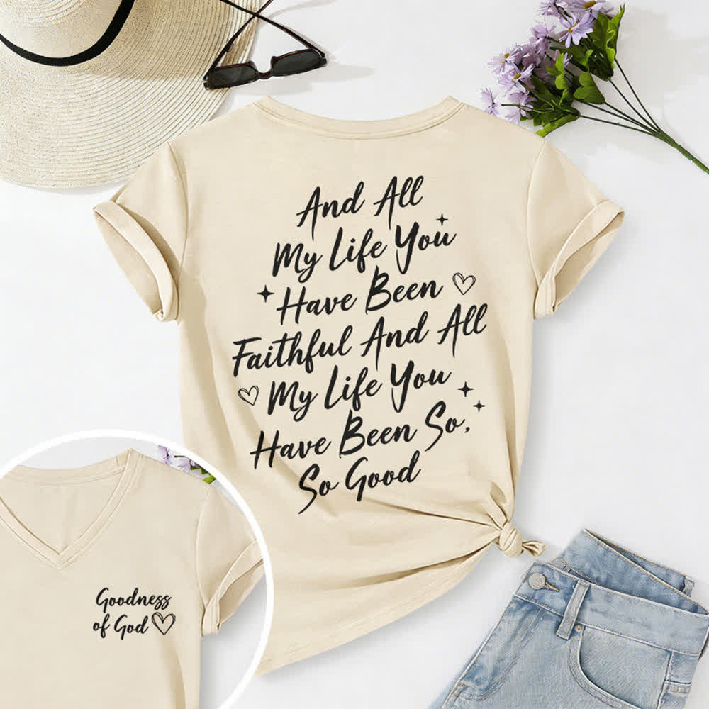 T-shirt casual da donna con scollo a V "I Will Sing Of The Goodness Of God" Christianartworkshop - Beige - 2XL - image 15