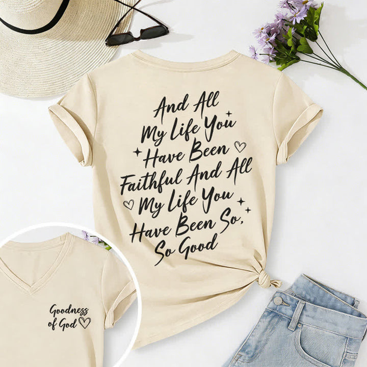 T-shirt casual da donna con scollo a V "I Will Sing Of The Goodness Of God" Christianartworkshop - Beige - 2XL - image 15