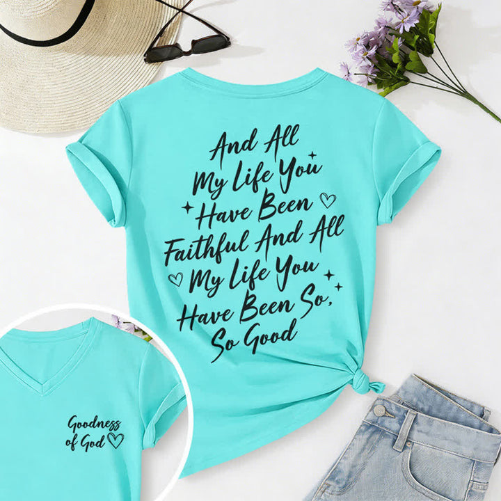 T-shirt casual da donna con scollo a V "I Will Sing Of The Goodness Of God" Christianartworkshop - Blu celeste - 2XL - image 35