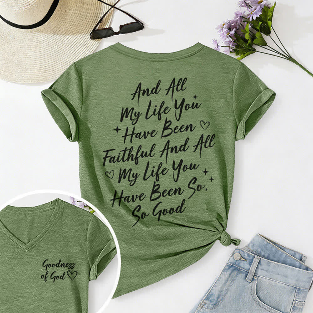 T-shirt casual da donna con scollo a V "I Will Sing Of The Goodness Of God" Christianartworkshop - Verde oliva - 2XL - image 25