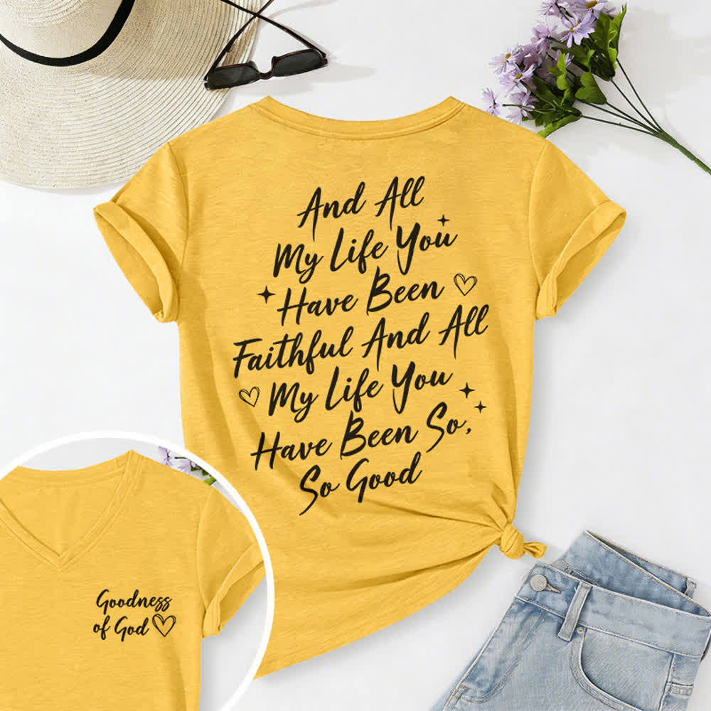 T-shirt casual da donna con scollo a V "I Will Sing Of The Goodness Of God" Christianartworkshop - Giallo - 2XL - image 20
