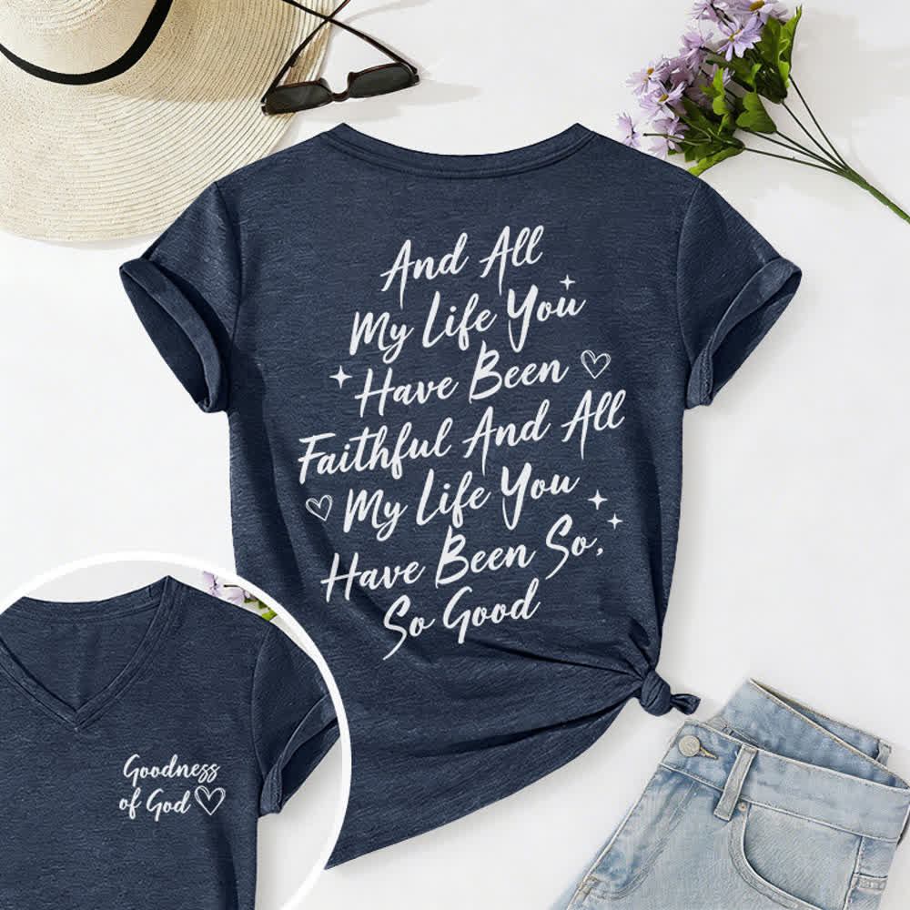 T-shirt casual da donna con scollo a V "I Will Sing Of The Goodness Of God" Christianartworkshop - Blu navy - 2XL - image 40