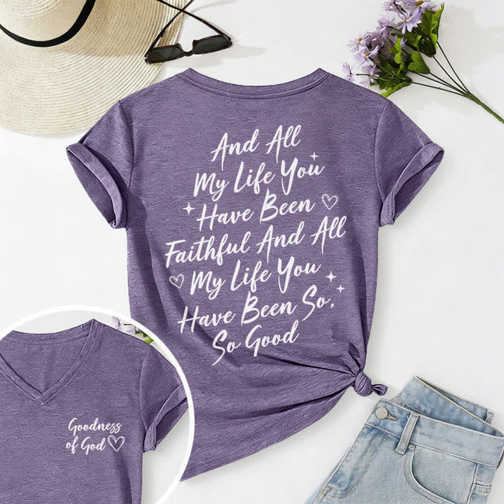 T-shirt casual da donna con scollo a V "I Will Sing Of The Goodness Of God" Christianartworkshop - Viola - 2XL - image 60