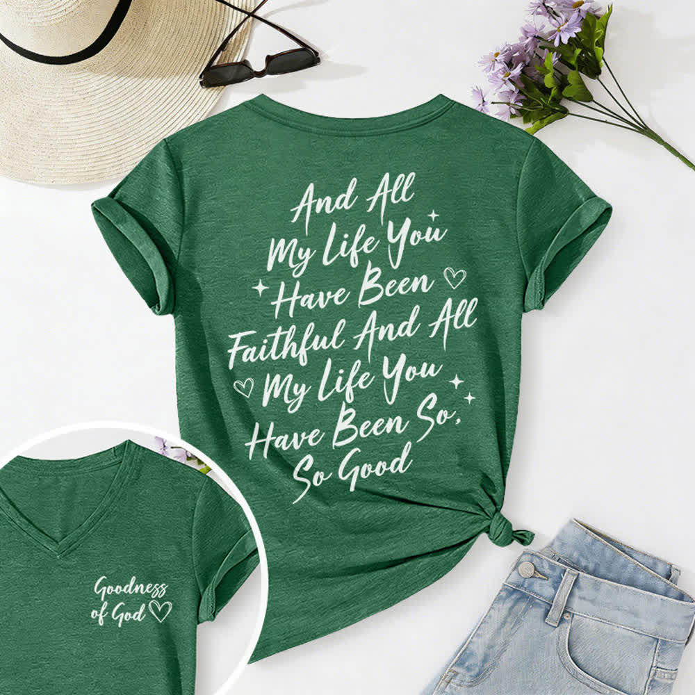 T-shirt casual da donna con scollo a V "I Will Sing Of The Goodness Of God" Christianartworkshop - Verde scuro - 2XL - image 30