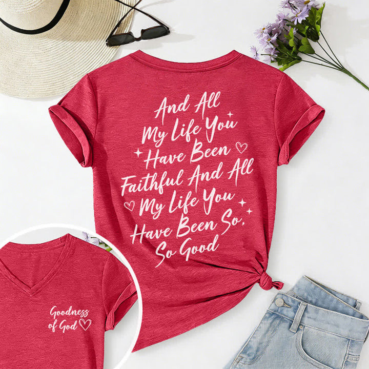 T-shirt casual da donna con scollo a V "I Will Sing Of The Goodness Of God" Christianartworkshop - Rosso - 2XL - image 50
