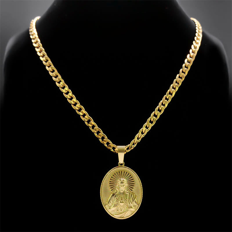 Christianartworkshop Collana con Sacro Cuore di Gesù in acciaio inossidabile e catena a maglie cubane: un promemoria di devozione - image 1