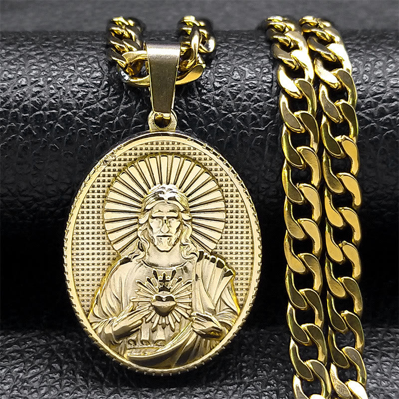 Christianartworkshop Collana con Sacro Cuore di Gesù in acciaio inossidabile e catena a maglie cubane: un promemoria di devozione - Gesù e il Sacro Cuore - image 0