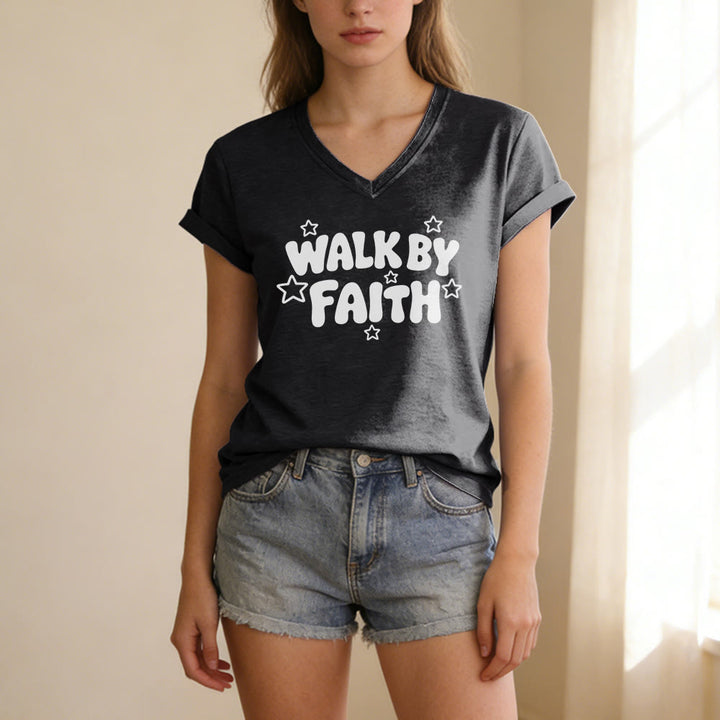 Christianartworkshop T-shirt casual con scollo a V e stampa a stelle "Walk By Faith". - image 13
