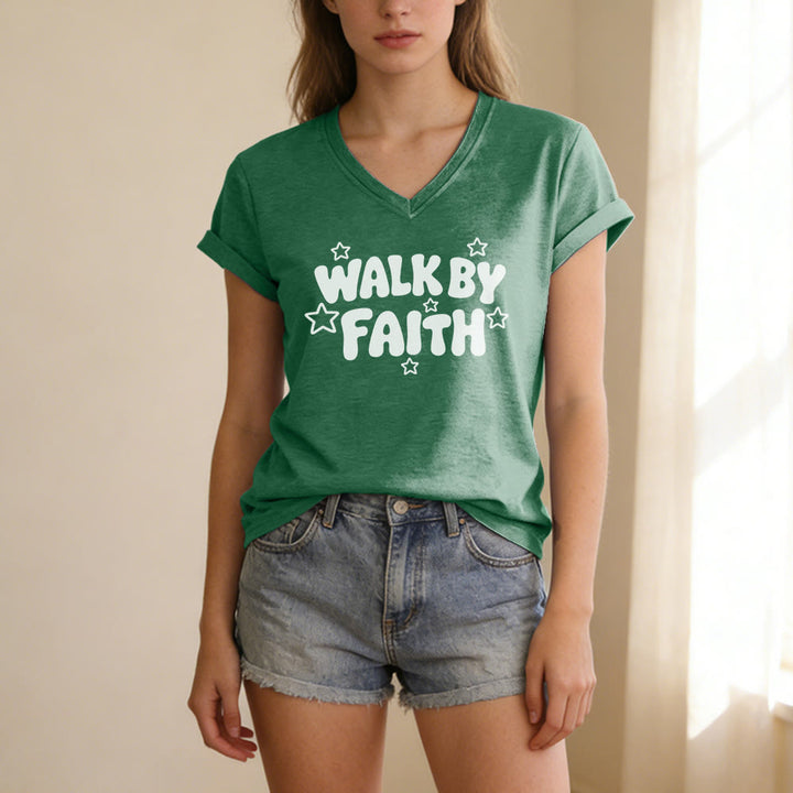 Christianartworkshop T-shirt casual con scollo a V e stampa a stelle "Walk By Faith". - image 15