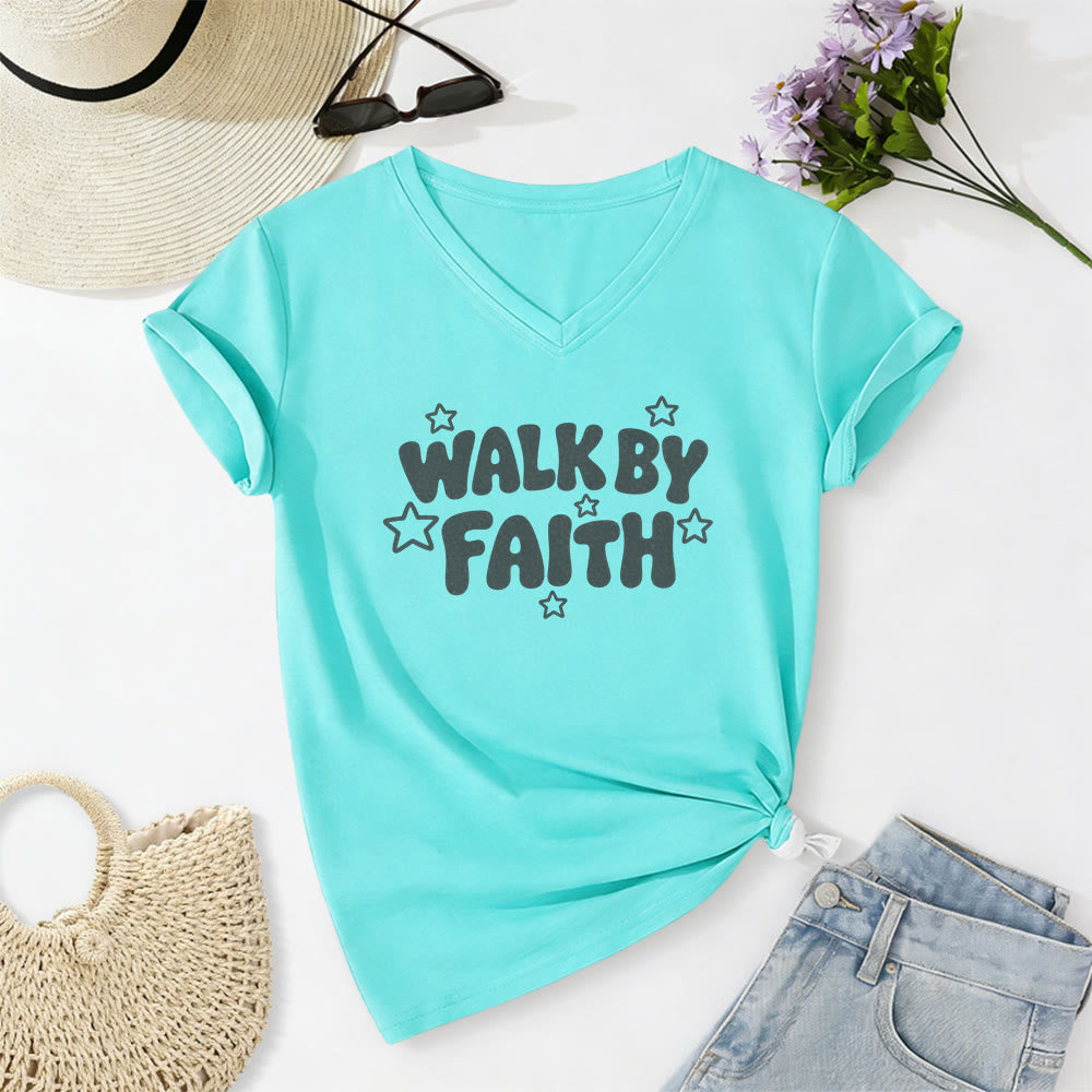 Christianartworkshop T-shirt casual con scollo a V e stampa a stelle "Walk By Faith". - Blu celeste - 2XL - image 8