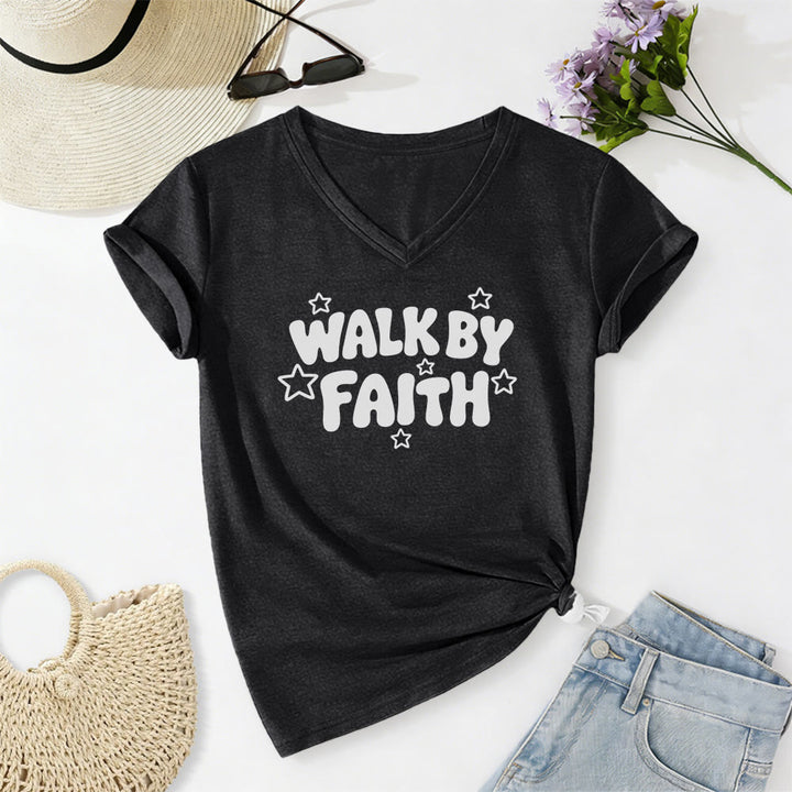 Christianartworkshop T-shirt casual con scollo a V e stampa a stelle "Walk By Faith". - Nero - 2XL - image 12