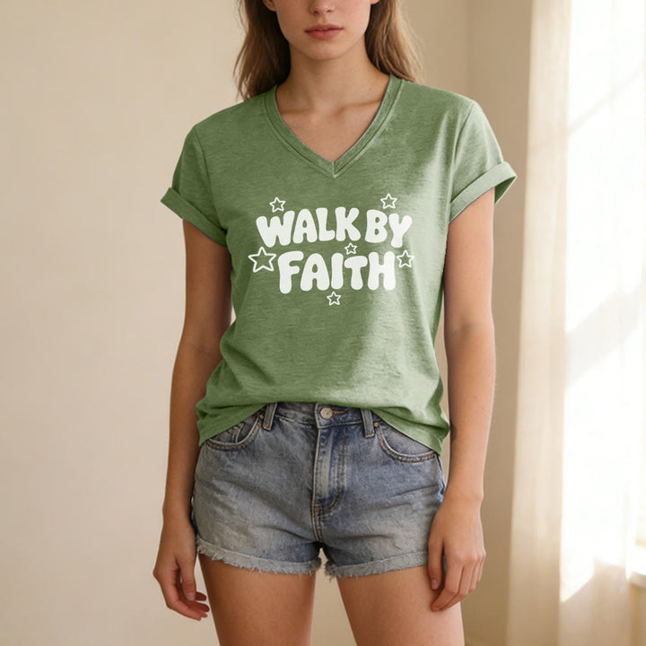 Christianartworkshop T-shirt casual con scollo a V e stampa a stelle "Walk By Faith". - image 5