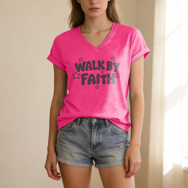 Christianartworkshop T-shirt casual con scollo a V e stampa a stelle "Walk By Faith". - image 25
